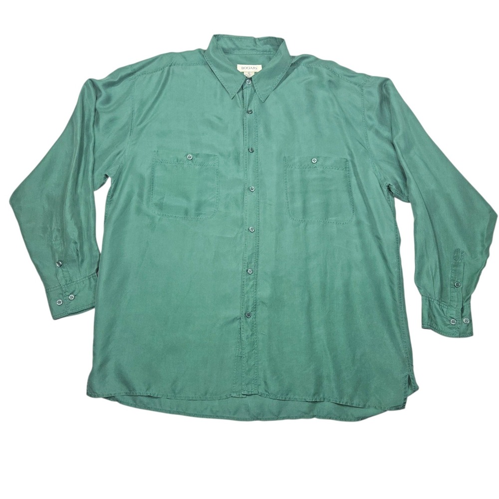 VTG Bogari 90s 100% Silk Button Down Shirt Teal Green XL Long Sleeve L/S Sz XL